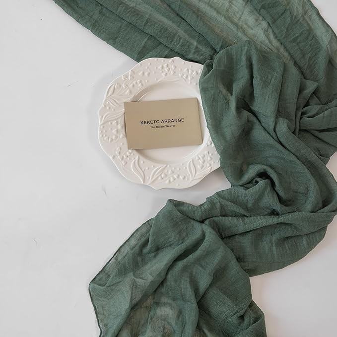 6Pcs Forest Green Gauze Rustic Cheesecloth Table Runner 120 Inch 10 FT for Wedding Baby Shower Bridal Shower Birthday Engagement Garden Outdoor Party Long Sheer Boho Decorations