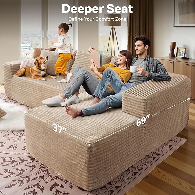 104" Cloudy Sectional L Shaped Couch for Living Room, No Assembly Required, Modular Comfy Sofa with Deep Seat, Fluffy Couch with Sleeper Chaise for Apartment Lounge (Beige)