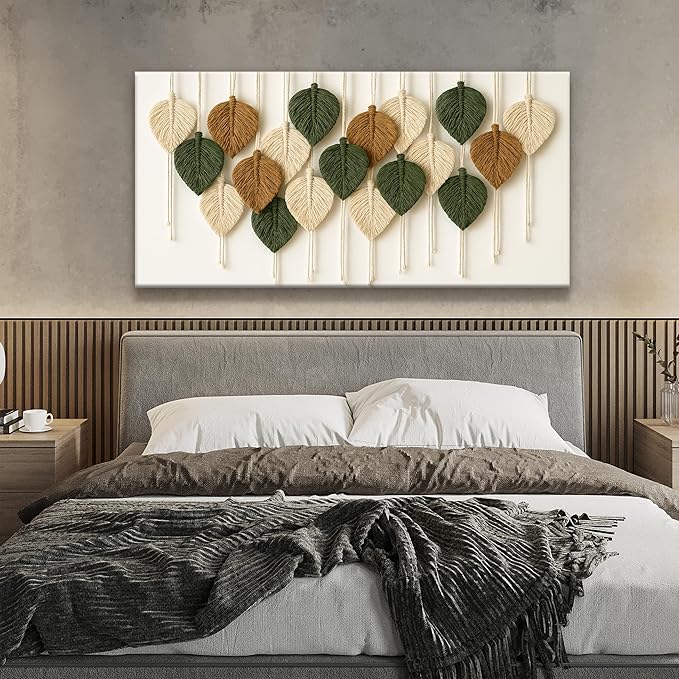 Boho Wall Art Chic Home Wall Art Modern Multicolor Leaves Feather Canvas Wall Art Decor For Living Room Bedroom Apartment Kitchen 24"W X 48"L Ready To Hanging