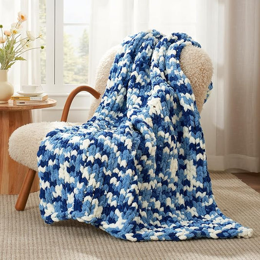 Amélie Home Chunky Knit Throw Blanket for Couch, Soft Chenille Crochet Blanket for Sofa, 50"x60", Space-Dyed Blue