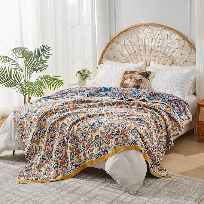 Boho Throw Blanket for Bed Couch 100% Cotton Woven Bed Throws for Summer, Lightweight and Soft Cozy Farmhouse Reversible Muslin Decorative Blanket for Travel Picnic, Teal/Cream, 80"x90"