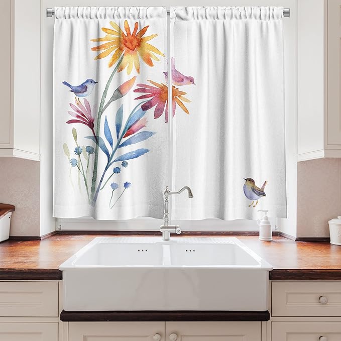 Ambesonne Watercolor Long Kitchen Curtains, Springtime Flowers with Birds Unusual Color Scheme Brush Effect, Two Panels Drapes with Rod Pocket Room Decor, 55" x 45", Blue