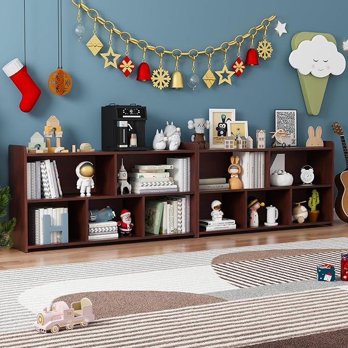 Book Shelf Set of 2, 5 Cubes Storage Organizer, Open Shelf Wooden Bookcase, Freestanding Cherry Bookshelf Cube Shelf for Bedroom, Living Room, Home Office