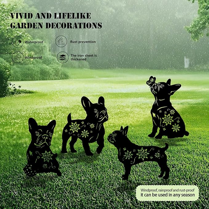 4 Pack Bulldog Metal Garden Decorative Stakes, Weather Proof Puppy Silhouette Statues for Yard, Patio,Outdoor Decor for Bulldog Lovers and Pet Owners