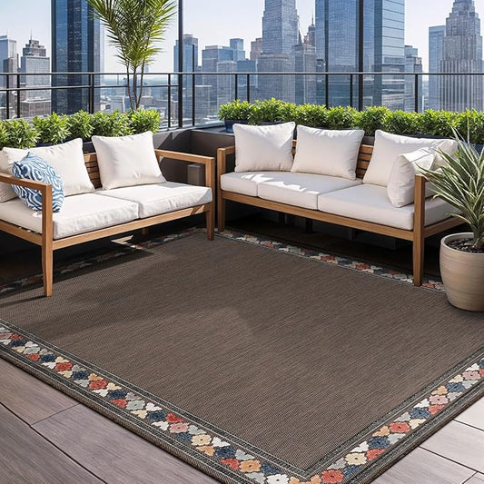Beverly Rug Outdoor Rug 4x6 Modern Bordered Area Rugs for Indoor and Outdoor Patio Easy to Clean Non Shedding Living Room Porch Garden Washable Outside Carpet (4 x 6 Brown)