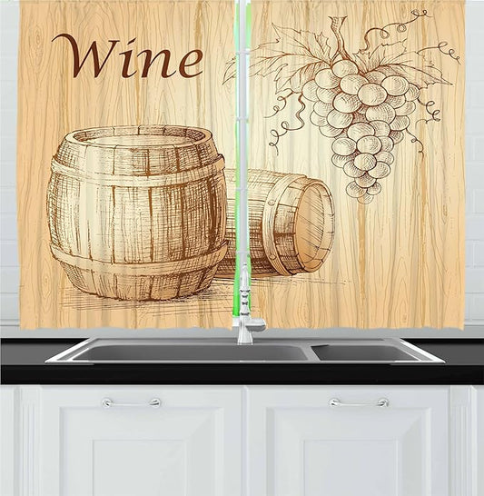 Ambesonne Wine Kitchen Curtains, Wooden Barrels and Bunch of Grapes on Wood Backdrop Botany Harvest Theme Artwork, Window Drapes 2 Panel Set for Kitchen Cafe Decor, 55" x 36", Brown Peach