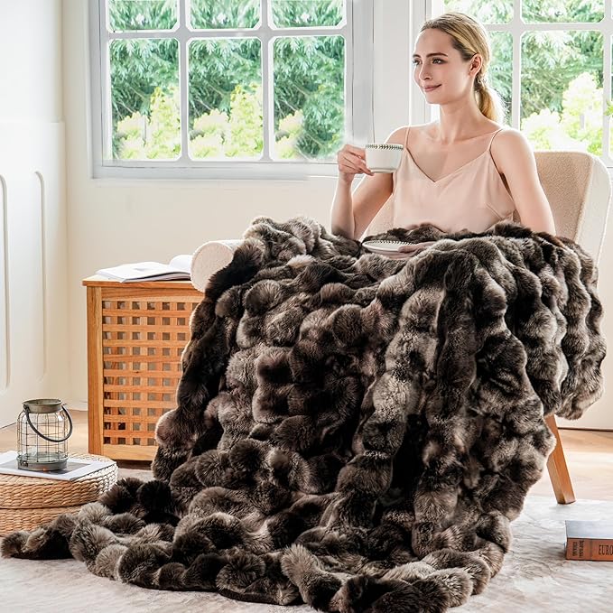 BENVWE Fluffy Faux Fur Throw Blanket for Couch, Soft Plush Thick Cozy Fuzzy Luxury Minky Bubble Blanket for Home Living Room Decor Gift for Women, Tie-dye Coffee, 60" x 80", 1100GSM