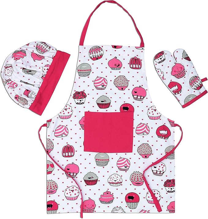 AMOUR INFINI 100% Cotton Cup Cake 3-Piece Kitchen Set Kid's Aprons, Oven Mitts, and Chef Hats Kitchen Play, Cooking, Grilling, Baking Birthday Gift for Girls, Boys & Young Chefs
