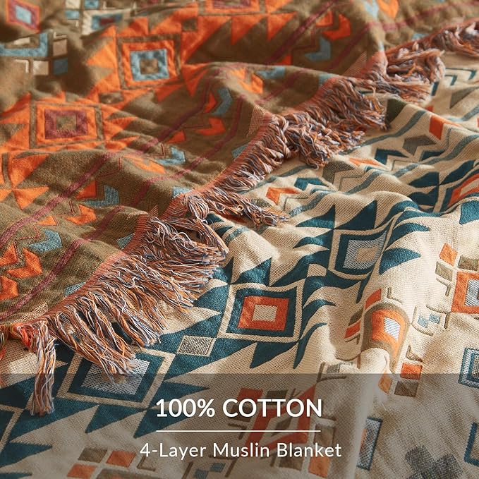 Boho Throw Blanket for Couch Sofa Bed, 100% Cotton Woven Quilt with Tassel 90”x98”, Super Soft Muslin Blanket with Patchwork Printed, Decorative Reversible Bed Blanket/Cover for All Seasons