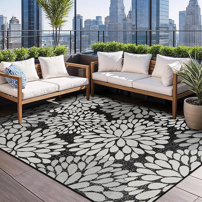 Beverly Rug Outdoor Rug 9x12 Modern Exotic Tropical Leaf Area Rugs for Indoor and Outdoor Patio Deck Porch Garden Water Resistant Washable Outside Carpet (9 x 12 Dark Gray)