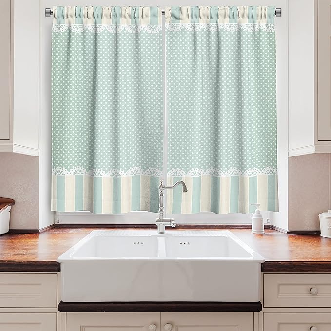 Ambesonne Shabby Flora Long Kitchen Curtains, Traditional Old Fashioned Vertical Stripes Ornaments and Dots, Two Panels Drapes with Rod Pocket Room Decor, 55" x 45", Green White