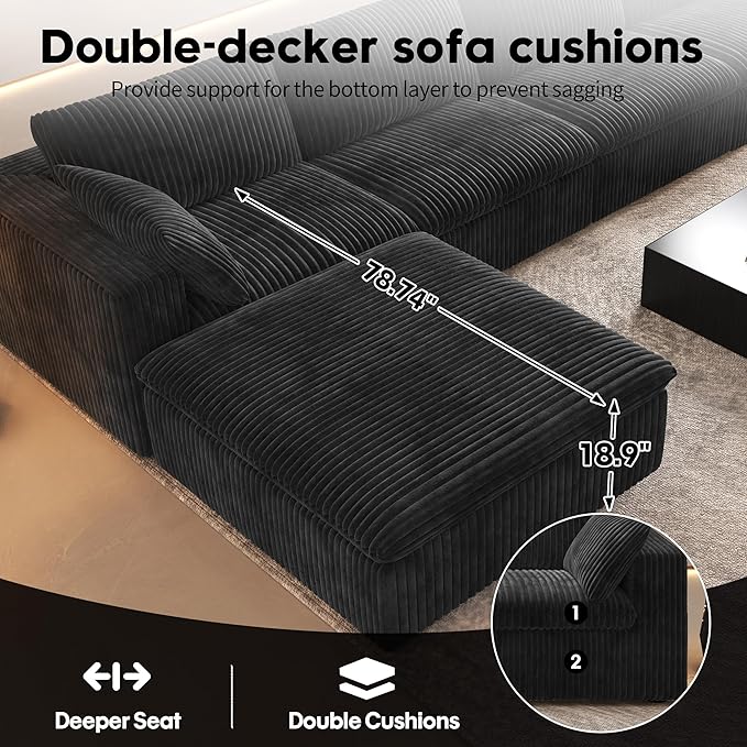 118" 6-Seater Cloud Sofa,Modular Sectional Couch with Ottoman,Modern Deep Seat Upholstered Couches with Corduroy Fabric for Living Room Furniture,Bedroom and Apartment,No Assembly Required,Black