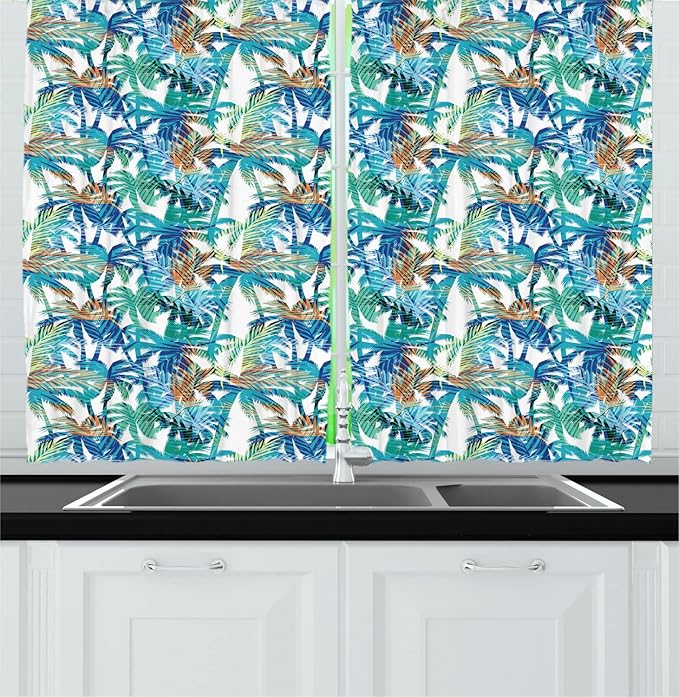 Ambesonne Palm Leaf Long Kitchen Curtains, Tropical Summer Print with Palm Abstract Nature Pattern Fantasy Dream, Two Panels Drapes with Rod Pocket Room Decor, 55" x 45", Blue Mint Green Orange