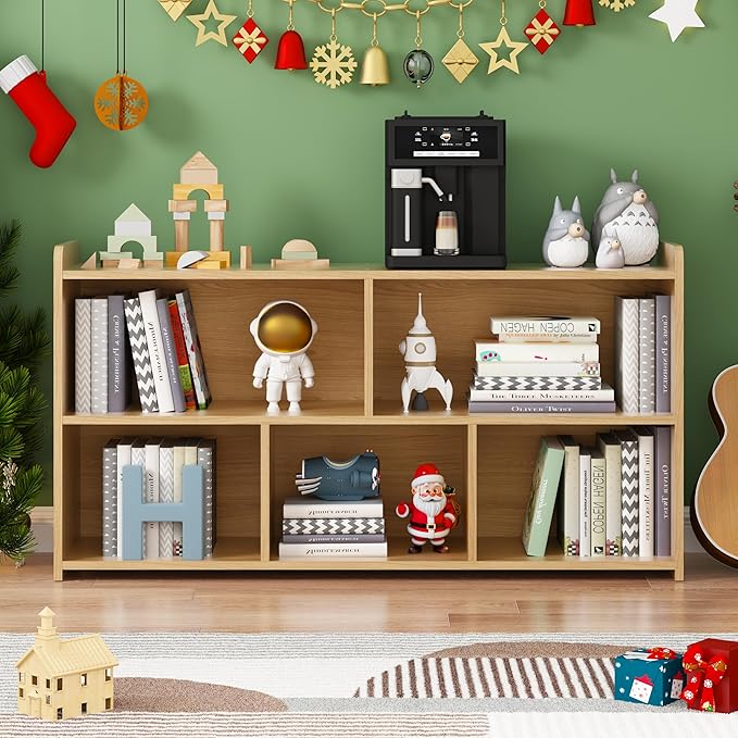 Book Shelf, 5 Cubes Storage Organizer, Open Shelf Wooden Bookcase, Freestanding Log Bookshelf Cube Shelf for Bedroom, Living Room, Home Office