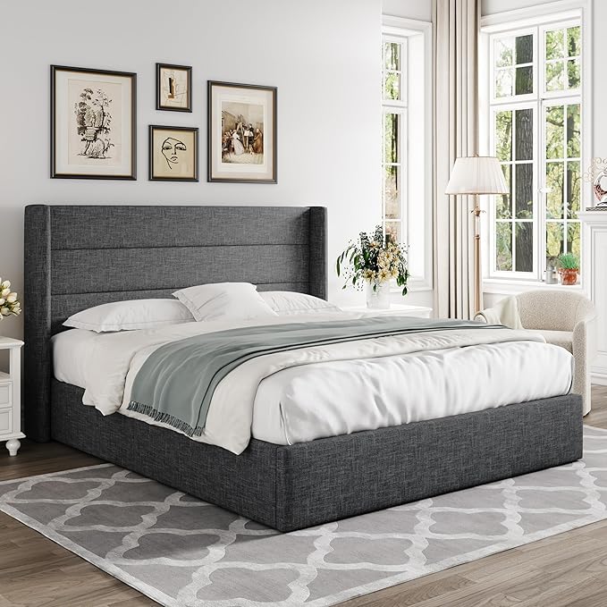 Allewie Full Size Lift Up Storage Bed, Modern Wingback Headboard, Hydraulic Support, No Box Spring Needed, Dark Grey