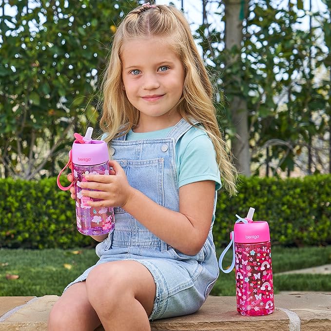 Bentgo Kids Water Bottle 2-Pack - Leak-Proof, Durable Tritan™, BPA-Free 15 oz Cup for Kids/Toddlers 3+; Flip-Up Straw; Dishwasher Safe for School/Sports/Daycare/Camp (Rainbows & Butterflies/Fairies)