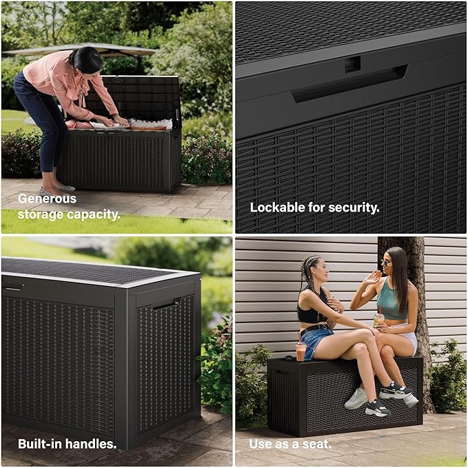 100 Gallon Resin Deck Box, Waterproof Outdoor Storage Bin for Patio Furniture, Pool Accessories, and Garden Tools, Lockable & UV-Resistant, Black
