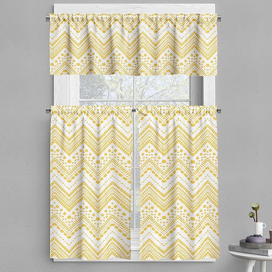 Ambesonne Yellow Chevron Valance & Tier Curtain 3 pcs Set, Hand Drawn Aztec Pattern Primitive Clan Motif with Dashed Lines Artwork, Window Treatments for Kitchen Room Decor, 55" x 36", Mustard White
