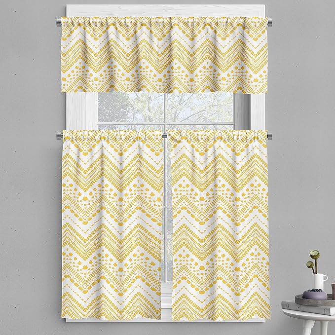 Ambesonne Yellow Chevron Valance & Tier Curtain 3 pcs Set, Hand Drawn Aztec Pattern Primitive Clan Motif with Dashed Lines Artwork, Window Treatments for Kitchen Room Decor, 55" x 24", Mustard White