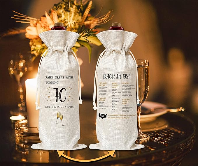 70th Birthday Wine Gift Bag, Cotton Burlap Wine Bags, 1954 Wine Bottle Cover Bag Birthday Gifts for Women, Men, Friends, Co-workers, Teachers, Grandpa, Grandma(03)