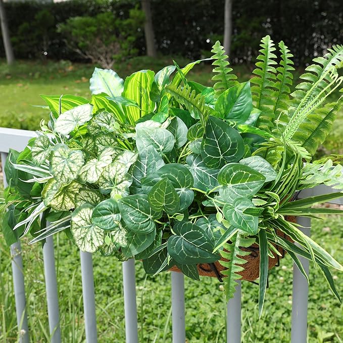 Artificial Greenery Plants Fake Plastic Leaves with Stems UV Resistant Large Bunches Outside Faux Plants Bushes for Outdoor Patio Garden Front Porch Yard Decor (Green)