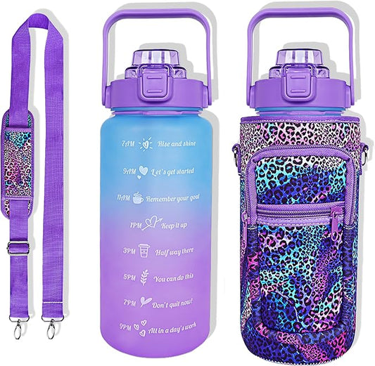 64 oz Water Bottle with Straw Sleeve & Strap Motivational Half Gallon Water Jug with Handle for Gym Women Men Aesthetic Water Bottle with Strap Leopard
