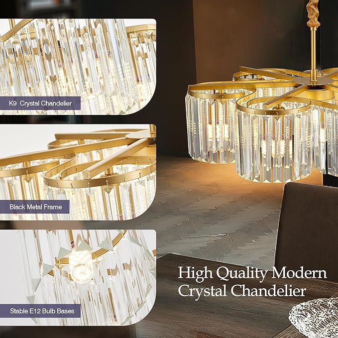 24.4“ Gold Semi Flush Mount Ceiling Light Fixtures, 6-Light Gold Modern Crystal Chandelier Height Adjustable Pendant Lighting for Bedroom Entryway Hallway Kitchen Island Living Room Foyer