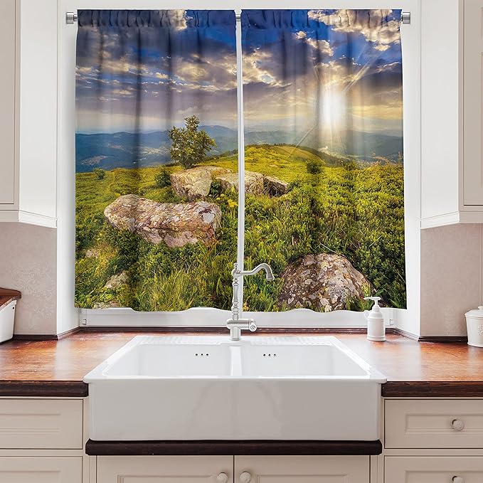 Ambesonne Mountain Long Kitchen Curtains, Small Tree Behind Boulders Hillside Grass Greenery Meadow Scenic Dramatic, Two Panels Drapes with Rod Pocket Room Decor, 55" x 45", Mustard Green