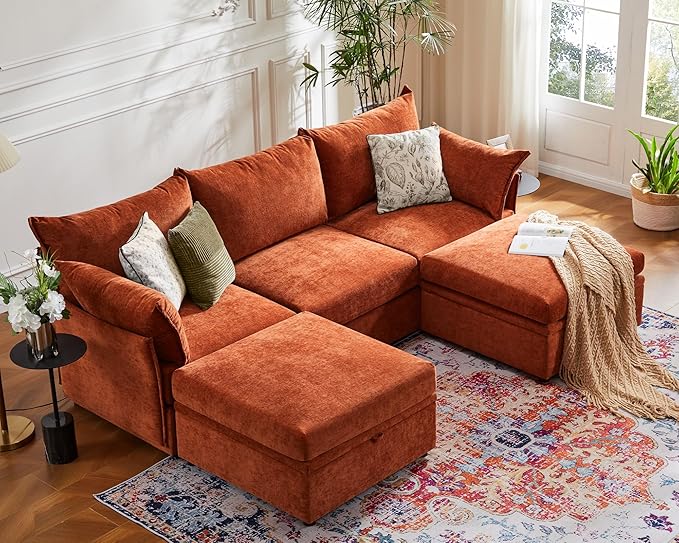 102.6" U Shaped Modular Sectional Sofa, 5 Seater Couch with Storage Ottoman Deep Seat and High Backrest with Removable Cover for Living Room, Apartment - Chenille Terracotta Orange