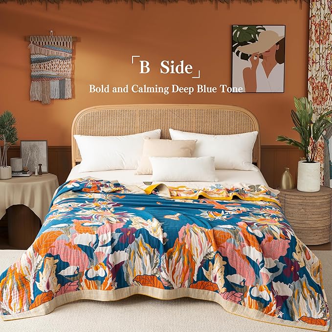 Boho Throw Blanket Throw Size, Soft Cozy Cotton Muslin Quilt Blanket for Bed Decor, Floral Patterned Couch Sofa Chair Cover, Vintage Farmhouse Cottage Tapestry Woven Blanket, Yellow&Blue