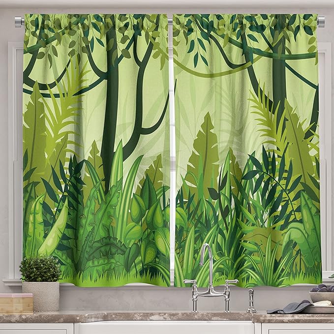 Ambesonne Plant Kitchen Curtains, Cartoon Style Jungle Depiction Hand Drawn Digital Rainforest Leaves Bushes Trees, Window Drapes 2 Panel Set for Kitchen Cafe Decor, 55" x 39", Forest Green