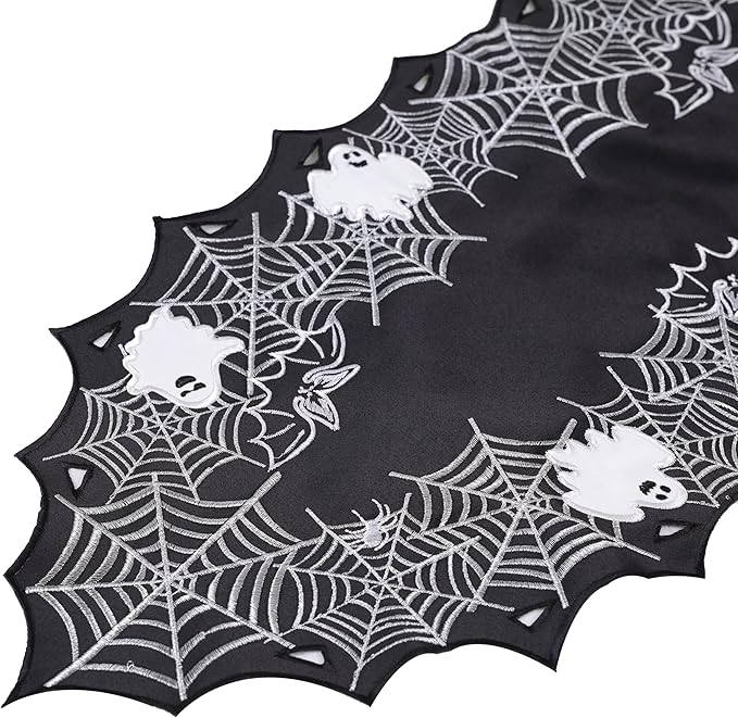 Chlophy Halloween Table Runner Black Spider Web Table Runner Gothic Embroidered for Kitchen Dining Halloween Décor Home Party Table Decoration 54in