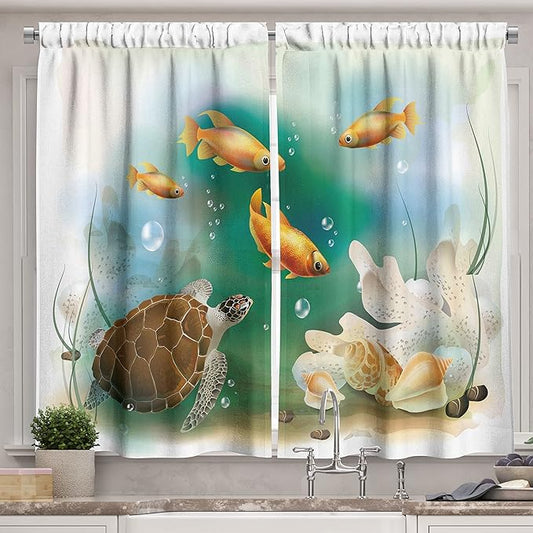 Ambesonne Turtle Long Kitchen Curtains, Ocean Life Illustration Aquarium Tropical Animals Goldfishes and Seashells, Two Panels Drapes with Rod Pocket Room Decor, 55" x 45", Teal Orange