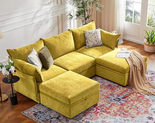 102.6" U Shaped Modular Sectional Sofa, 5 Seater Couch with Storage Ottoman Deep Seat and High Backrest with Removable Cover for Living Room, Apartment - Chenille Yellow