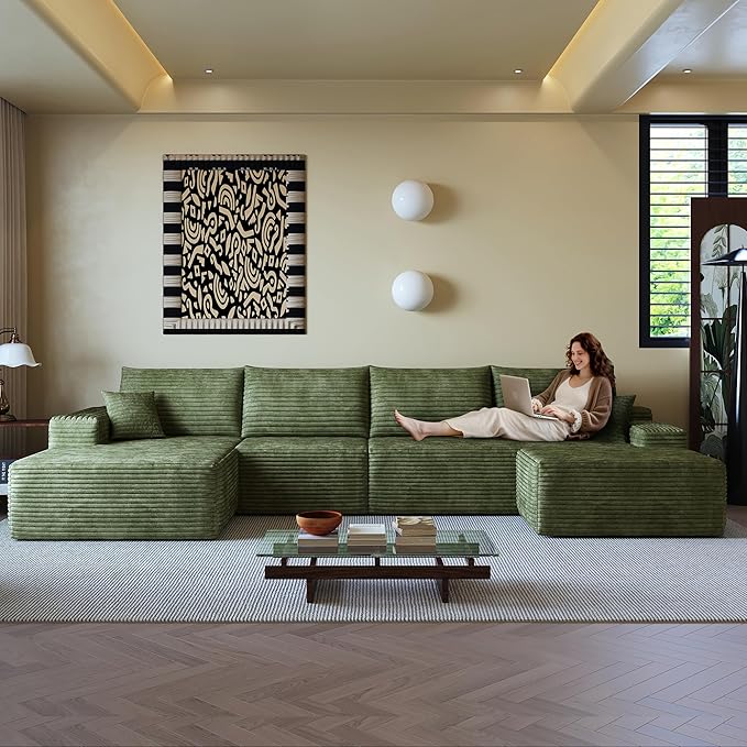 108" Sectional Couches for Living Room Modern Modular Sofa with L-Shape Couchs Upholstered Boneless Couch Deep Seat Sectional Couch with Chaise (Green, Left Facing Chaise+3Seaters+Ottoman)