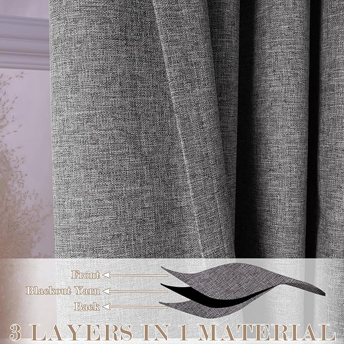 100% Blackout Linen Textured Drapes for Bedroom Pinch Pleated Curtains for Track System Portable Drapery for Sliding Glass Door/Storage/Space Room Divider, 70" Wx96 L, 1 PC, Gray