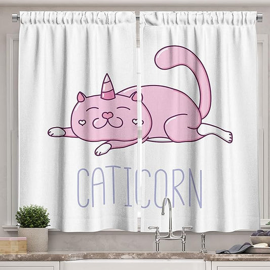 Ambesonne Unicorn Cat Long Kitchen Curtains, Pink Cat a Horn and Funny Expression Lying Caticorn Cartoon Mascot, Two Panels Drapes with Rod Pocket Room Decor, 55" x 45", White Lilac
