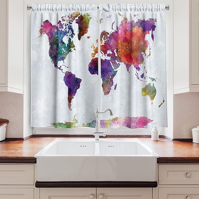 Ambesonne Watercolor Long Kitchen Curtains, Multicolored Hand Drawn World Map Asia Europe Africa America Geography Print, Two Panels Drapes with Rod Pocket Room Decor, 55" x 45", Gray Purple