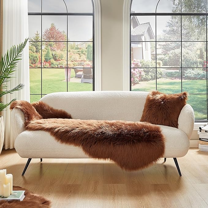 AMTOVO Faux Sheepskin Rug, Coffee Ultra Soft Fluffy Shag Area Rug, 2 x 6 ft Faux Fur Rug for Bedroom Sofa Throw Cushion Room Decor, Sheepskin