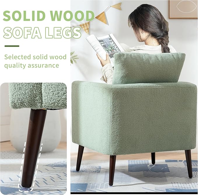 Barrel Accent Chair with Back Pillow, Large Teddy Upholstered Armchair with Solid Wood Legs Modern Reading Chairs for Living Room Bedroom