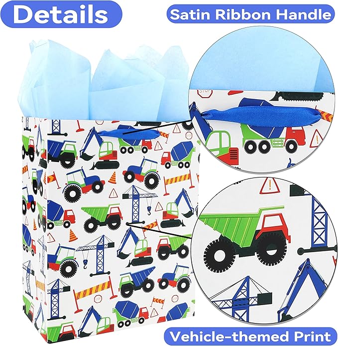 13" Large Vehicle-themed Gift Bags Set with Greeting Card and Tissue Paper (Blue Car Design) for boys, Kids Birthday Party,Baby boy,Baby Shower,Newborn,New Moms or Parents -10.2”x5.2”x13”, 1 Pcs