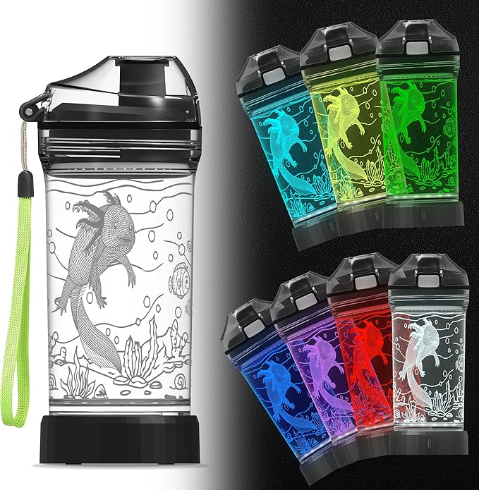Axolotl Kids Water Bottle with 3D Glowing LED Light - 14 OZ Tritan BPA Free - Creative Ideal Travel Cup Gift for School Kid Boy Child Gamer Holiday Camping Picnic
