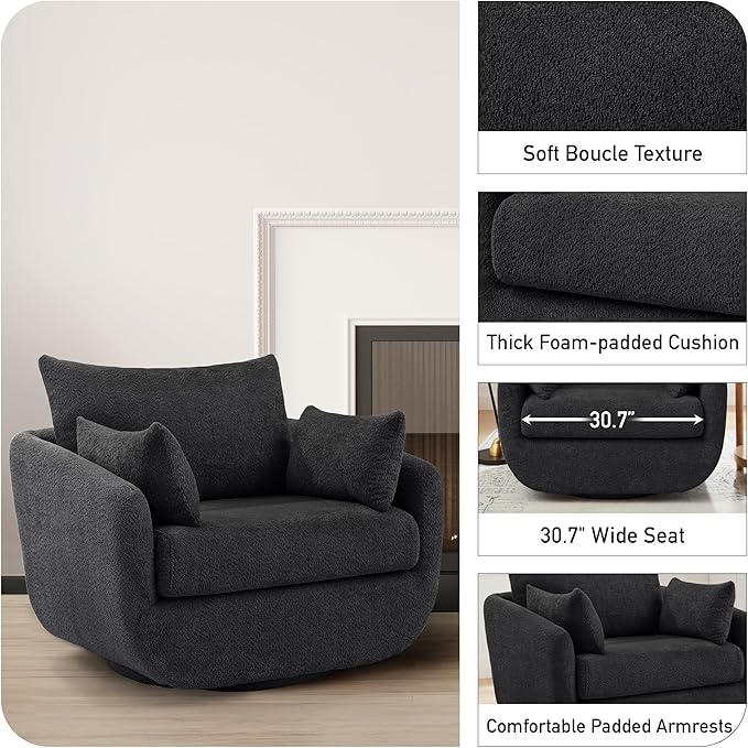 360° Swivel Accent Armchair Set of 2, 39.3" Oversized, Sherpa Boucle Fabric Sofa Chair with Removable Back & Arm Pillows, Swivel Chairs with Cozy Soft Padded, No Assembly Required, Dark Gray