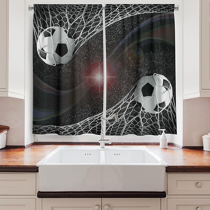 Ambesonne Teen Room Long Kitchen Curtains, Soccer Balls Goal Match Success Concept in The Outer Space Winner Glory Theme, Two Panels Drapes with Rod Pocket Room Decor, 55" x 45", Black Magenta