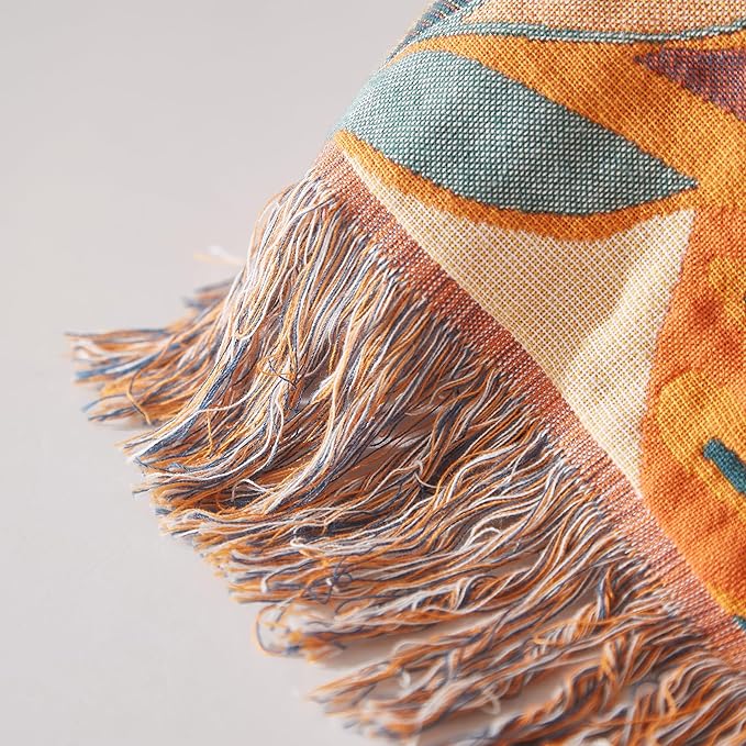 Boho Throw Blanket for Bed 60”x80”, 100% Cotton Woven Blanket for Couch Sofa, Ultra Soft 4-Layer Muslin Quilt with Floral Printed, Farmhouse Bed Blanket/Cover for Living Room Decor