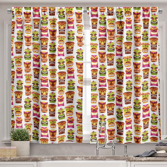 Ambesonne Tiki Bar Valance & Tier Curtain 3 pcs Set, Sixties Retro Inspired Hawaiian Party Happy Tiki Pattern Colorful, Window Treatments for Kitchen Room Decor, 55" x 24", White Brown
