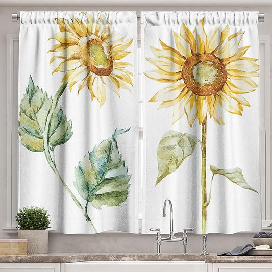 Ambesonne Watercolor Long Kitchen Curtains, Alluring Sunflowers Summer Inspired Design Agriculture, Two Panels Drapes with Rod Pocket Room Decor, 55" x 45", Yellow Green
