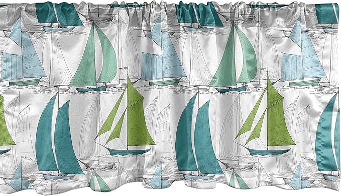 Ambesonne Nautical Window Valance, Sailing Boats on The Ocean Surfing Coastal Theme Marine Life Colorful Maritime, Curtain Valance for Kitchen Bedroom Decor with Rod Pocket, 54" X 18", Teal Green