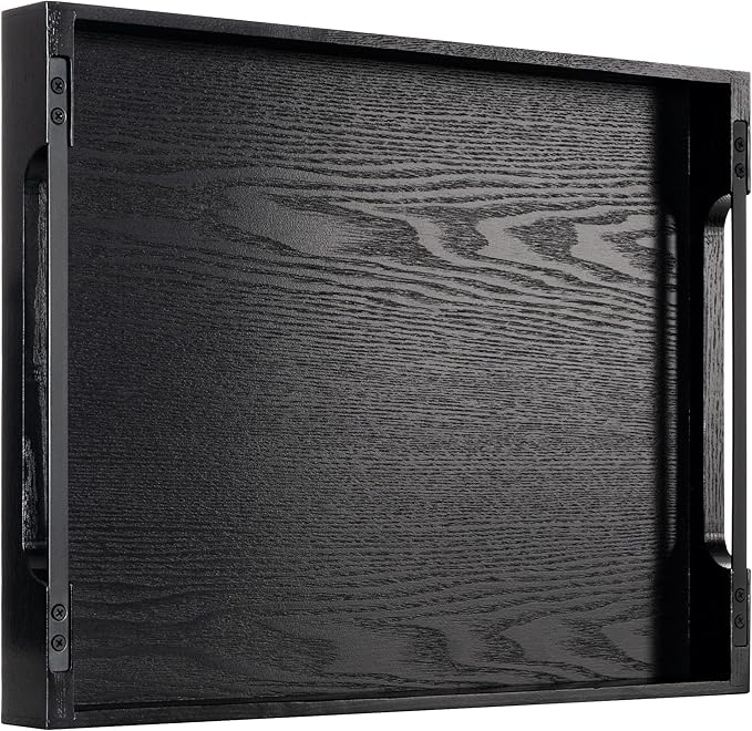 Axeman Wooden Serving Tray with Metal Handles|Ottoman Tray for Breakfast, Bed, Couch|17x13in Ash Wood Coffee Table Trays|Food Drinks Decorative Storage Boards for Ottoman Kitchen, Black