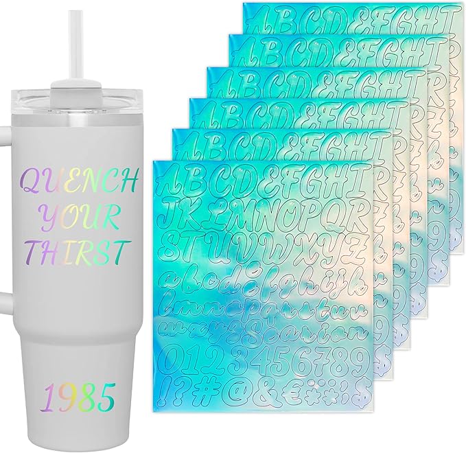 6 Pcs Letters Stickers for Stanley Cup - Colorful Waterproof Self-Adhesive Alphabet Sticker, Vinyl Shiny Tumbler Decorate for Water Bottle Desk Laptop Classroom Adults Kids Gifts